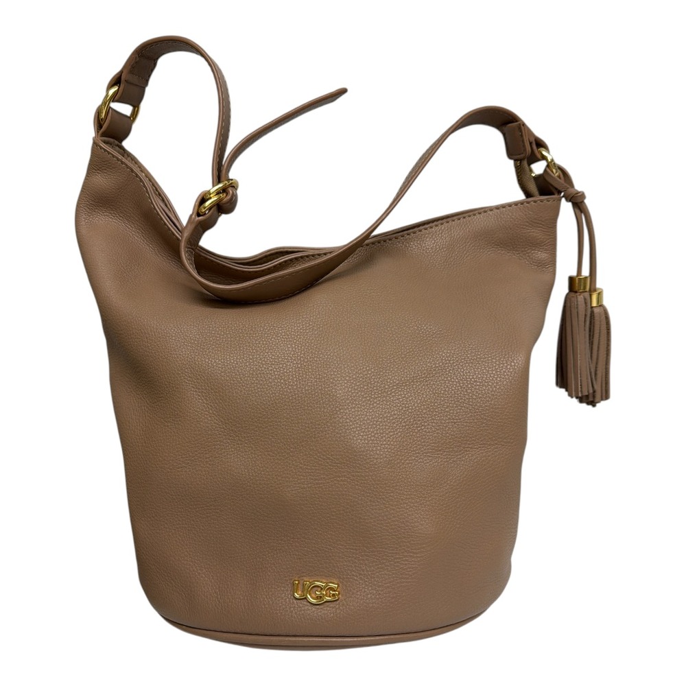 UGG Tan Leather Hobo Tote Bucket Shoulder Bag Gold Hardware Pebble Soft EUC